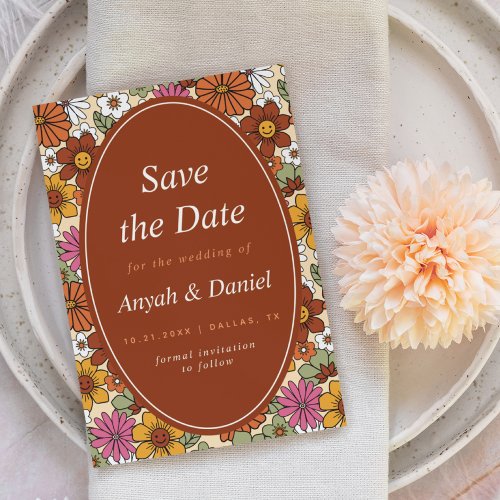 Retro Groovy Colorful Daisy Floral 60s 70s Trendy Save The Date