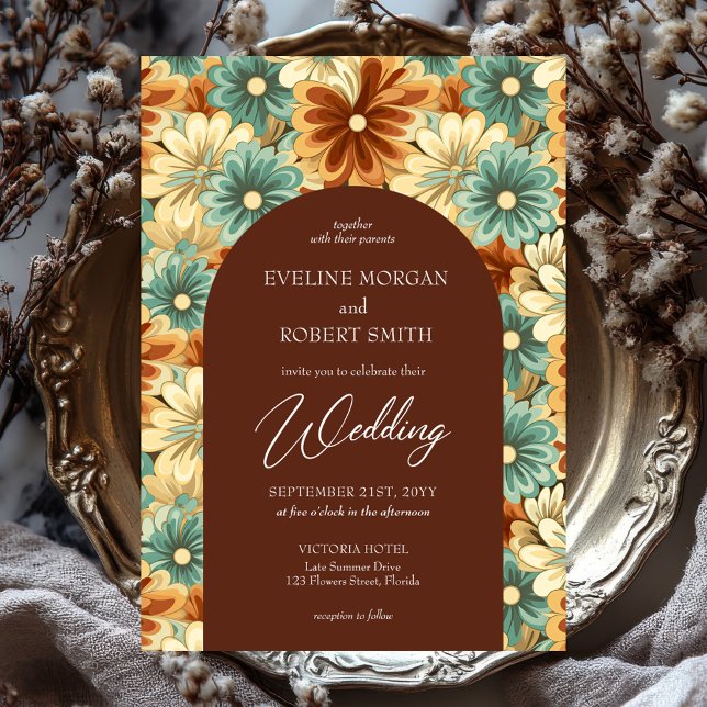 Retro groovy colorful flowers arch wedding invitation (retro groovy colorful flowers wedding invitation)