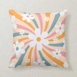 Retro Groovy Colorful Sunshine Daisy Floral Hippie Throw Pillow