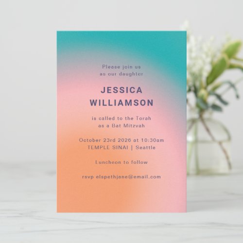 Retro Groovy Colorful Teal Pink Orange Bat Mitzvah Invitation