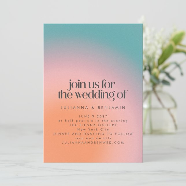 Retro Groovy Colorful Teal Pink Orange Wedding Invitation (Standing Front)