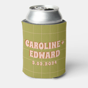 Retro Groovy Colorful Wavy Boho Wedding Can Cooler