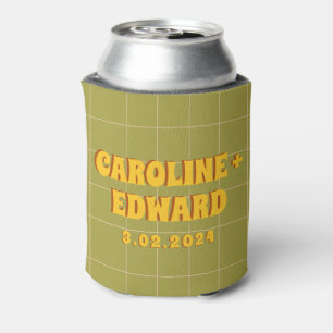Retro Groovy Colorful Wavy Boho Wedding Can Cooler