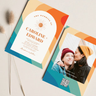 Retro Groovy Colorful Wavy Boho Wedding Qr Code Business Card