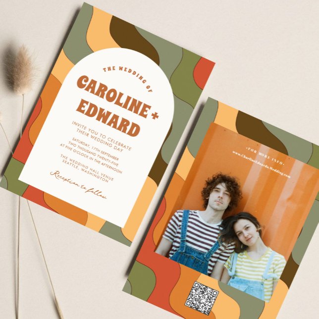 Retro Groovy Colorful Wavy Boho Wedding Qr Code Invitation (Creator Uploaded)