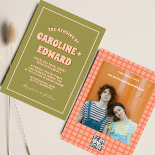 Retro Groovy Colorful Wavy Boho Wedding Qr Code Invitation