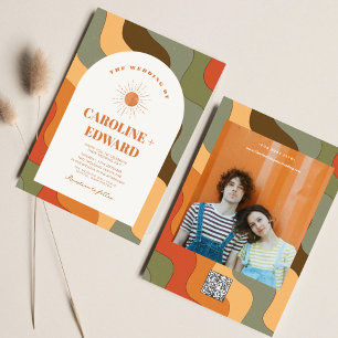 Retro Groovy Colorful Wavy Boho Wedding Qr Code Invitation