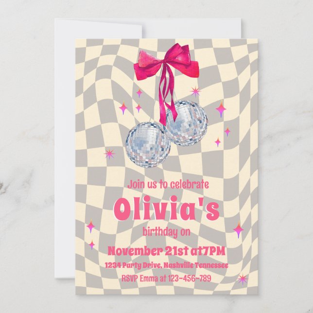 Retro Groovy Coquette Bow Disco Balls Birthday Invitation (Front)
