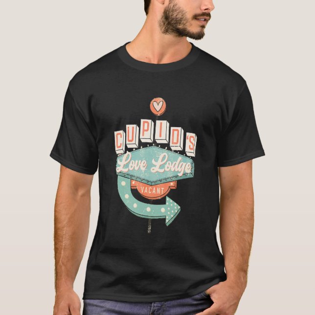 Retro Groovy Cupidu2019s Love Lodge Valentineu2019 T-Shirt (Front)