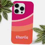 Retro Groovy Curve Pink Orange Personalized iPhone 15 Pro Case<br><div class="desc">Abstract modern groovy curved stripe design in shades of pink and orange with personalized name in a retro font. The custom name features a drop shadow in a contrasting color for a fun 1970s 3D effect.</div>