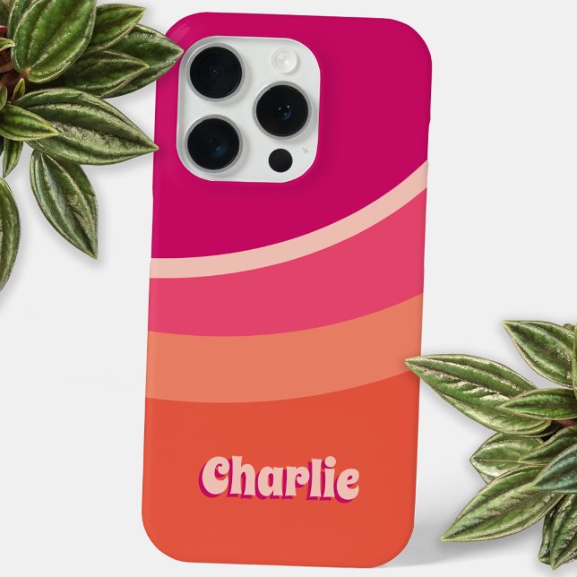 Retro Groovy Curve Pink Orange Personalized Case-Mate iPhone Case (Fun pink orange retro groovy abstract wavy curve personalized name cell phone case)