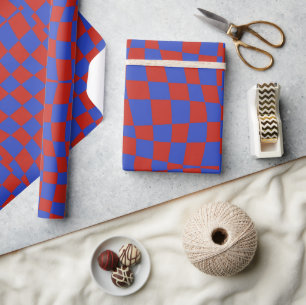 retro groovy cute blue red wavy checkered wrapping paper