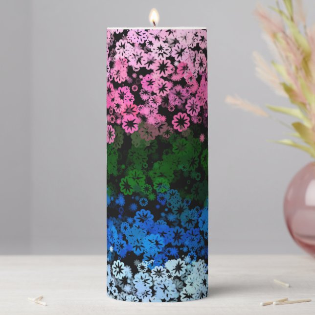 Retro Groovy Cute Floral Omniromantic Pride Flag Pillar Candle (In Situ)