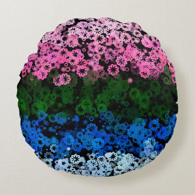 Retro Groovy Cute Floral Omniromantic Pride Flag Round Pillow (Front)