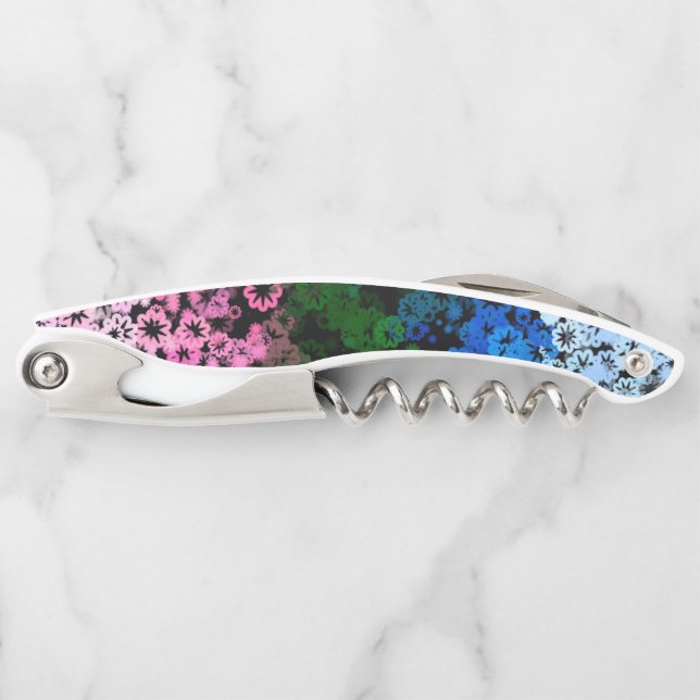 Retro Groovy Cute Floral Omniromantic Pride Flag Waiter's Corkscrew (Front)