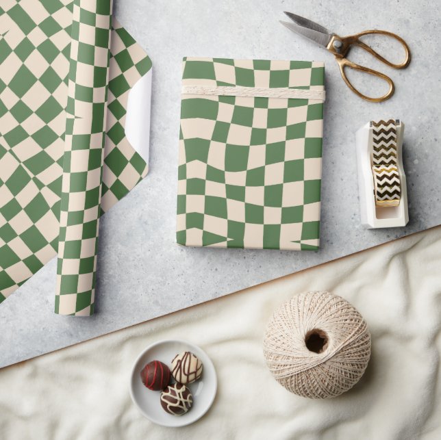 retro groovy cute green wavy checkered  wrapping paper (Crafts)