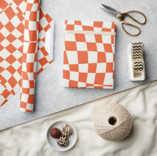 retro groovy cute orange wavy checkered wrapping paper