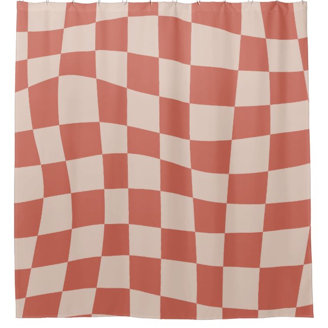 Retro Groovy Cute Peach wavy checkered Pattern Shower Curtain (Front)