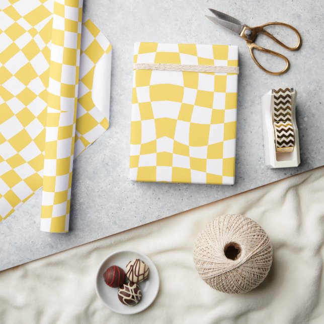 retro groovy cute yellow wavy checkered  wrapping paper (Crafts)
