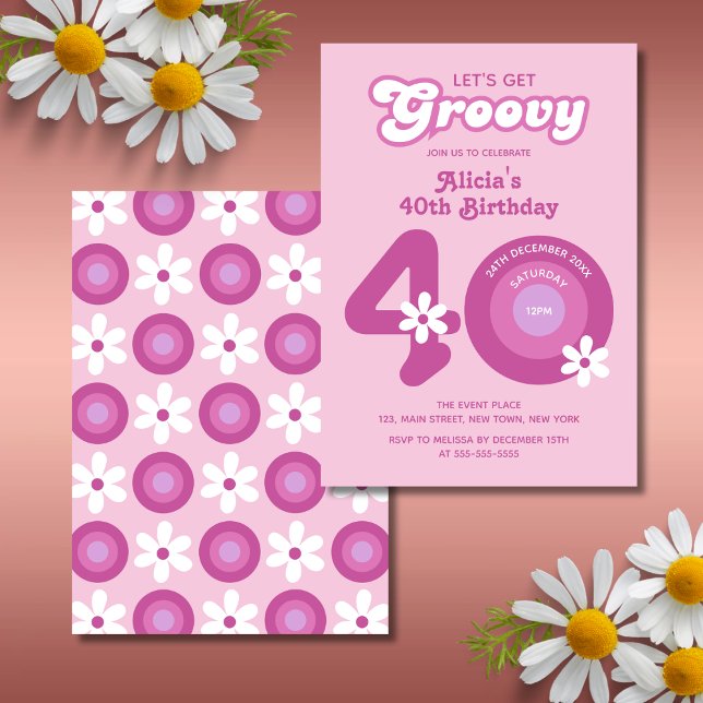 Retro Groovy Daisies Bold Pink 40th Birthday Invitation (Creator Uploaded)