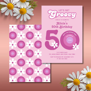 Retro Groovy Daisies Bold Pink 50th Birthday Invitation