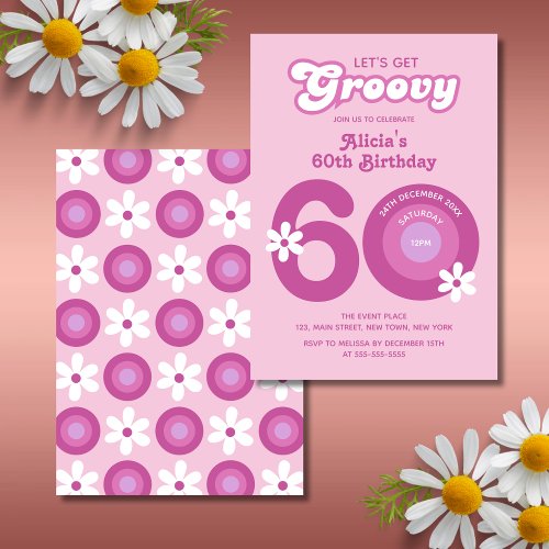 Retro Groovy Daisies Bold Pink 60th Birthday Invitation