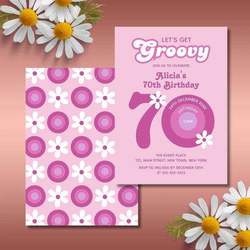 Retro Groovy Daisies Bold Pink 70th Birthday Invitation