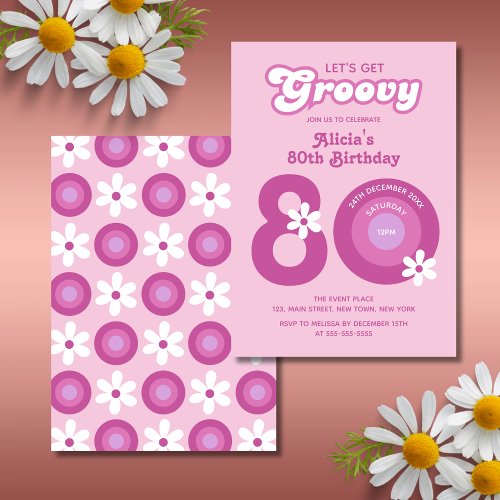 Retro Groovy Daisies Bold Pink 80th Birthday Invitation