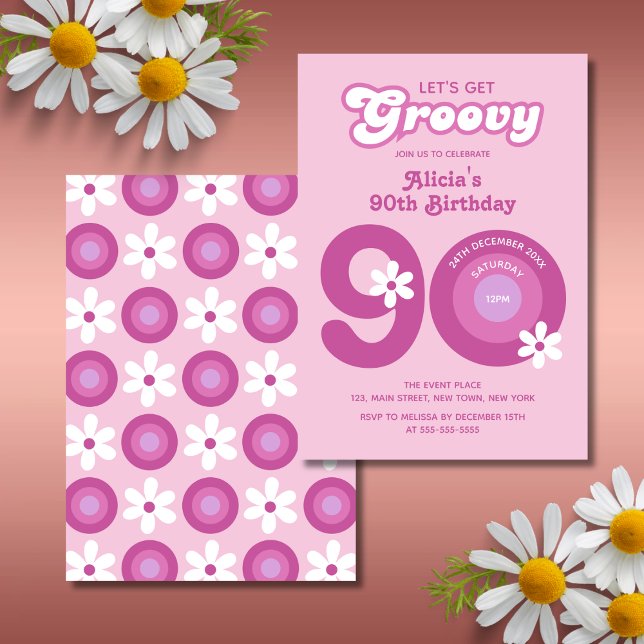 Retro Groovy Daisies Bold Pink 90th Birthday Invitation (Creator Uploaded)