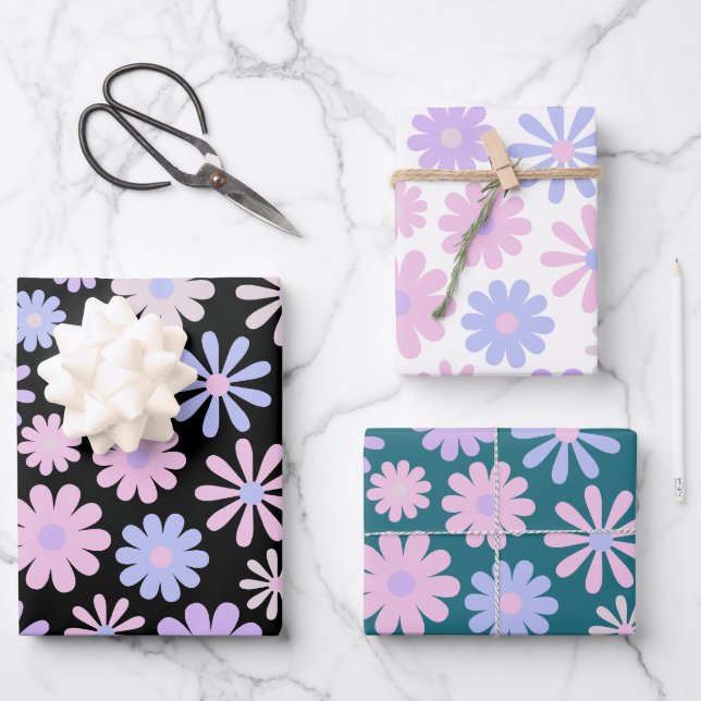 Retro Groovy Daisies Soft Pink Blue Purple Wrapping Paper Sheets (Front)