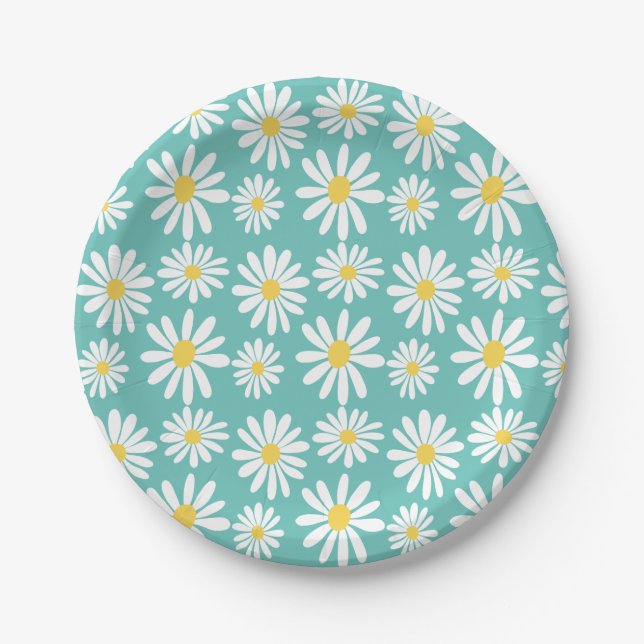 Retro Groovy Daisies Spring Daisy Boho Light Blue Paper Plates (Front)