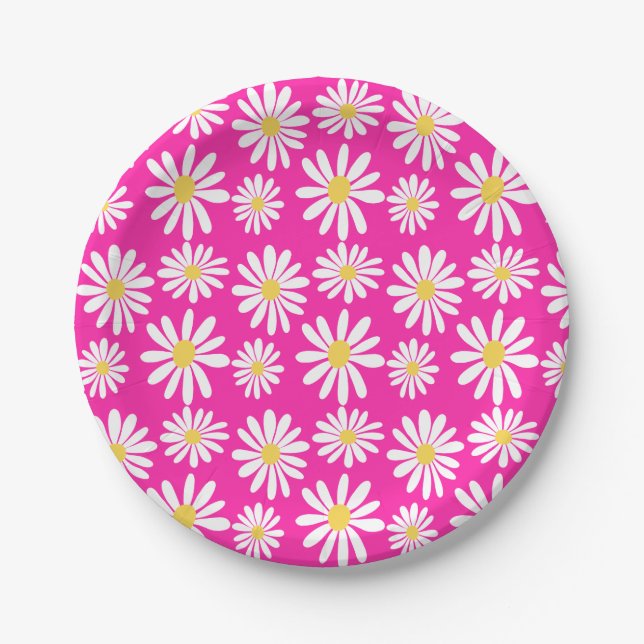 Retro Groovy Daisies Spring Daisy Boho Pink   Paper Plates (Front)