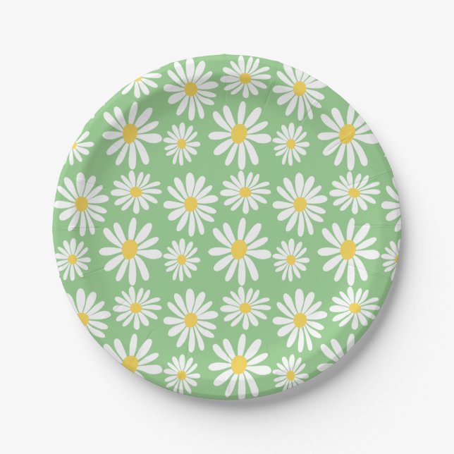 Retro Groovy Daisies Spring Daisy Boho Sage Paper Plates (Front)