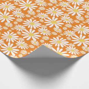 Retro Groovy Daisies Spring Pattern Orange Wrapping Paper