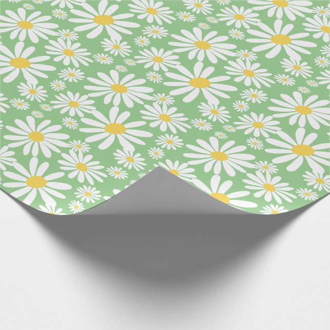 Retro Groovy Daisies Spring Pattern Sage Green Wrapping Paper (Corner)