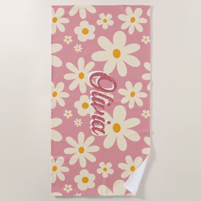 Retro groovy daisy boho desert pink personalized beach towel (Front)
