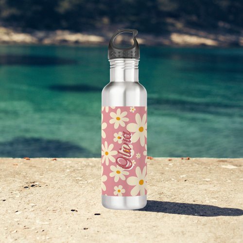 Retro groovy daisy boho desert pink personalized stainless steel water bottle