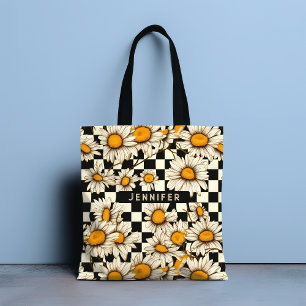 Retro Groovy Daisy Checkerboard Custom Name Gift Tote Bag