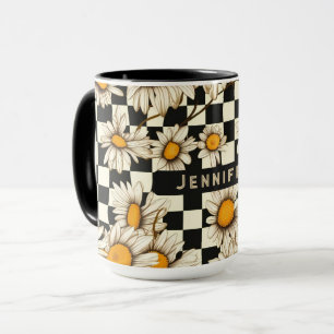 Retro Groovy Daisy Checkerboard Name Gift Mug