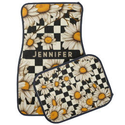 Retro Groovy Daisy Checkerboard Personalized Name Car Floor Mat