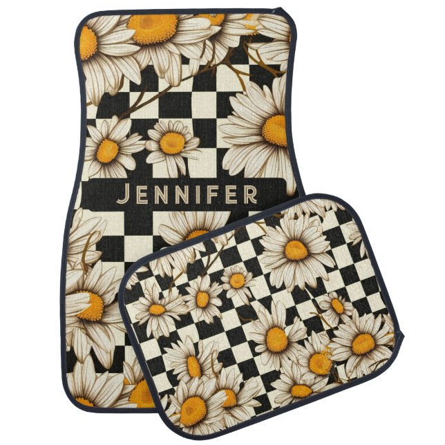 Retro Groovy Daisy Checkerboard Personalized Name Car Floor Mat (Set)