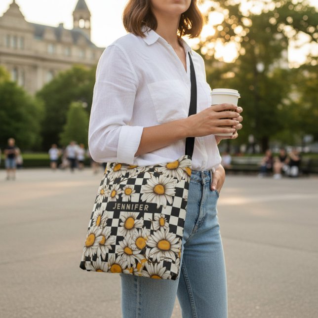 Retro Groovy Daisy Checkerboard Personalized Name Crossbody Bag (Creator Uploaded)