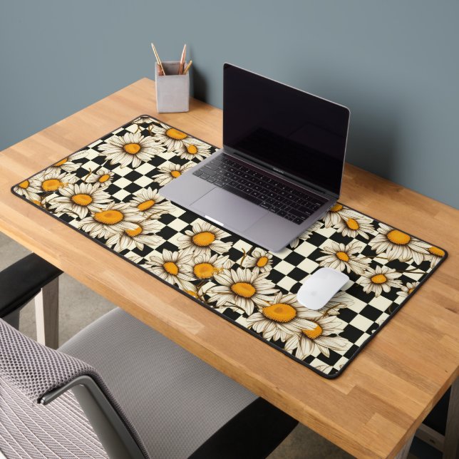 Retro Groovy Daisy Checkerboard Personalized Name Desk Mat (Office 2)