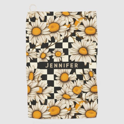 Retro Groovy Daisy Checkerboard Personalized Name Golf Towel