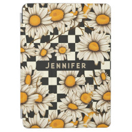 Retro Groovy Daisy Checkerboard Personalized Name iPad Air Cover