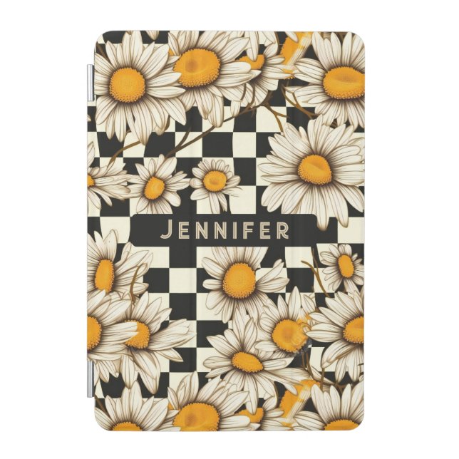 Retro Groovy Daisy Checkerboard Personalized Name iPad Mini Cover (Front)