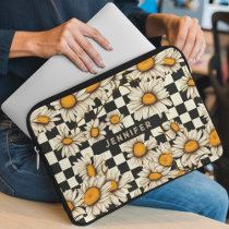 Retro Groovy Daisy Checkerboard Personalized Name Laptop Sleeve