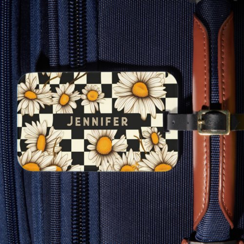 Retro Groovy Daisy Checkerboard Personalized Name Luggage Tag