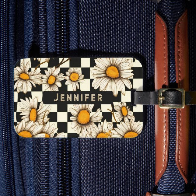 Retro Groovy Daisy Checkerboard Personalized Name Luggage Tag (Front Insitu 4)