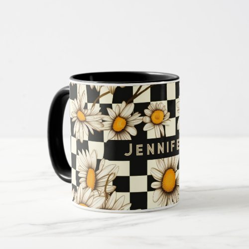 Retro Groovy Daisy Checkerboard Personalized Name Mug